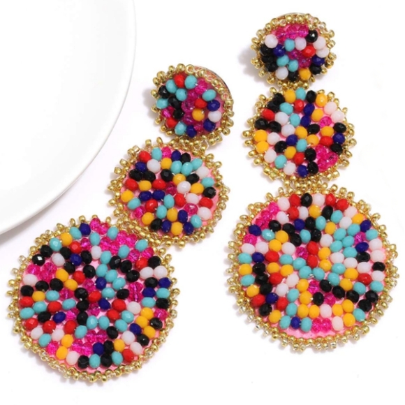 Turquoise Blue Beaded Triple Tiered Earrings Bohemian Boho Summer Festival New - Picture 7 of 9